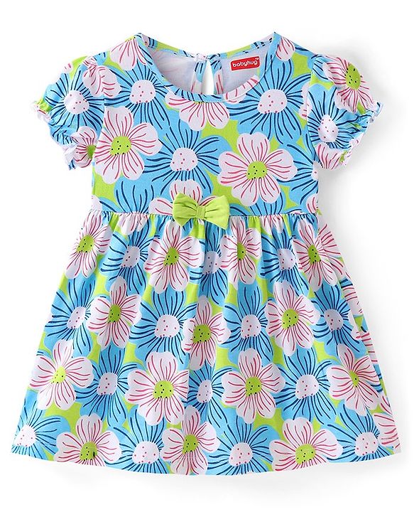 Babyhug Single Jersey Knit Half Sleeves Frocks with Floral Print & Bow Applique  - Blue