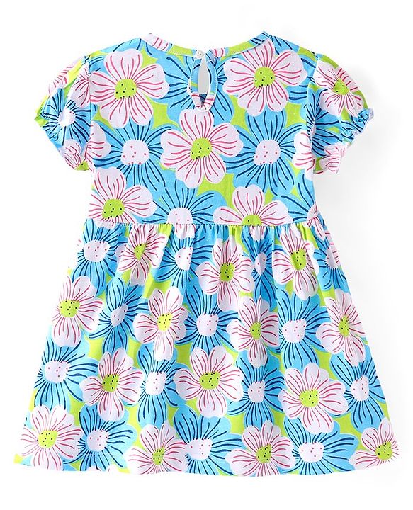 Babyhug Single Jersey Knit Half Sleeves Frocks with Floral Print & Bow Applique  - Blue