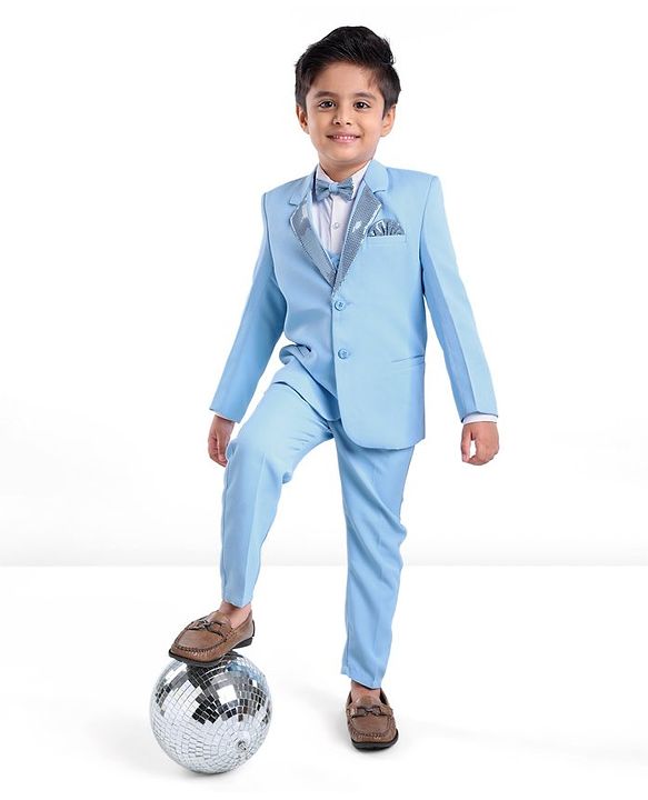 Babyhug Full Sleeves Sequined Party Suit with Waistcoat & Bow - Sky Blue