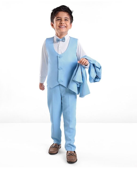 Babyhug Full Sleeves Sequined Party Suit with Waistcoat & Bow - Sky Blue