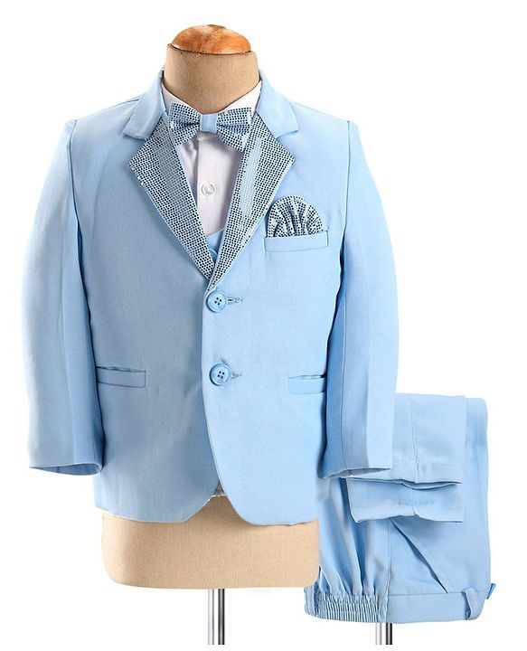 Babyhug Full Sleeves Sequined Party Suit with Waistcoat & Bow - Sky Blue
