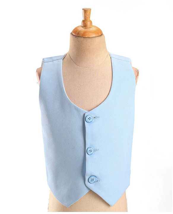 Babyhug Full Sleeves Sequined Party Suit with Waistcoat & Bow - Sky Blue