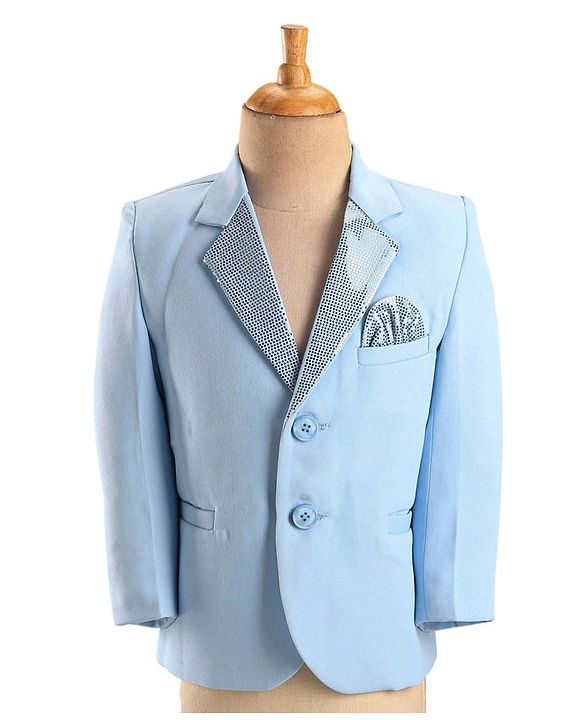 Babyhug Full Sleeves Sequined Party Suit with Waistcoat & Bow - Sky Blue