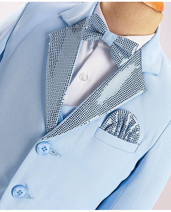 Babyhug Full Sleeves Sequined Party Suit with Waistcoat & Bow - Sky Blue