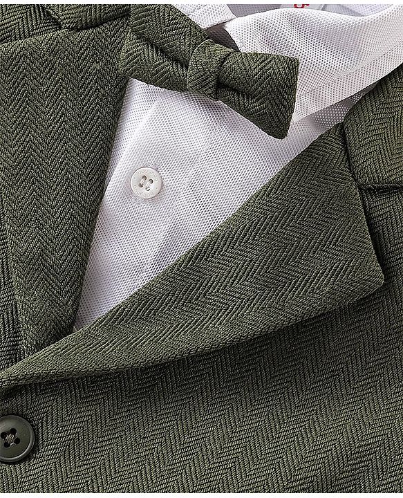 Babyhug Knit Half Sleeves Solid Color Waistcoat Set with Shirt & Bow - Green