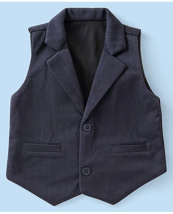 Babyhug Kint Half Sleeves Solid Color Waistcoat Set with Shirt & Bow - Navy Blue