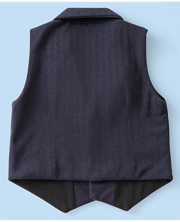 Babyhug Kint Half Sleeves Solid Color Waistcoat Set with Shirt & Bow - Navy Blue