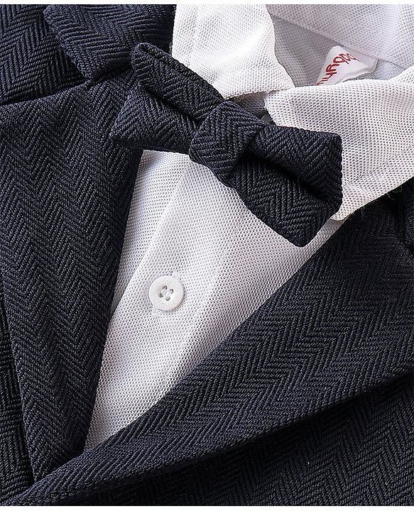 Babyhug Kint Half Sleeves Solid Color Waistcoat Set with Shirt & Bow - Navy Blue