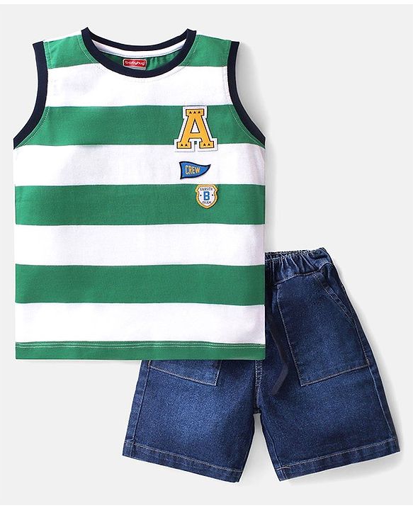 Babyhug Cotton Knit Single Jersey Sleeveless T-Shirt & Denim Shorts With Striped & Letter Patch - Green White & Blue