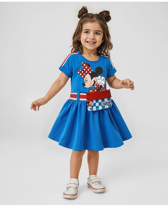 Babyhug Disney Cotton Half Sleeves Frock with Fanny Pack & Minnie Mouse Print - Blue