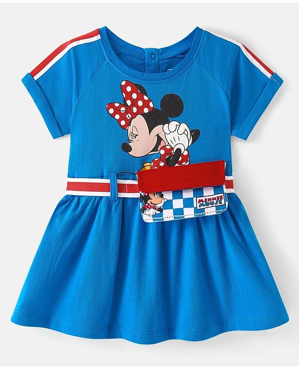 Babyhug Disney Cotton Half Sleeves Frock with Fanny Pack & Minnie Mouse Print - Blue