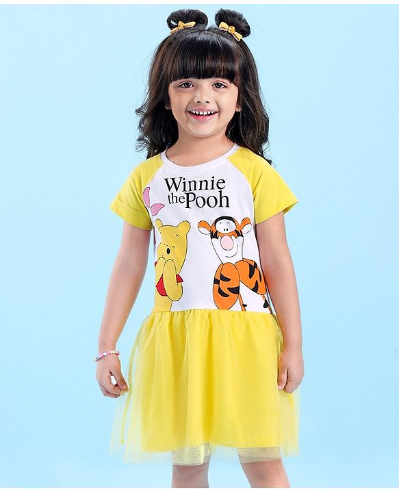 Babyhug Disney Knit Raglan Half Sleeves Winnie The Pooh Printed Frock - Yellow