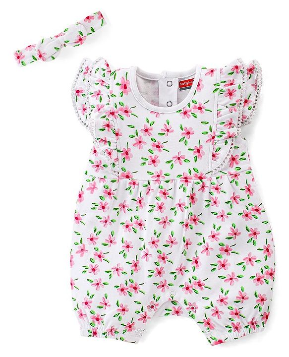 Babyhug 100% Cotton Knit Frill Sleeves Floral Printed Romper with Headband - White