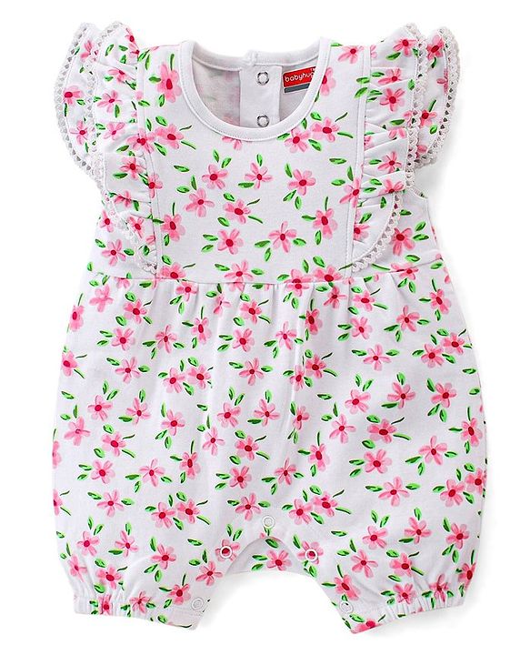Babyhug 100% Cotton Knit Frill Sleeves Floral Printed Romper with Headband - White