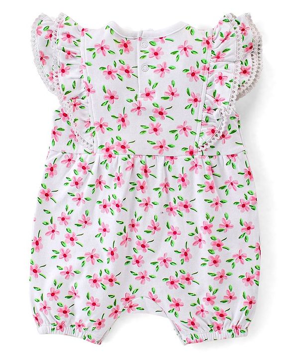 Babyhug 100% Cotton Knit Frill Sleeves Floral Printed Romper with Headband - White