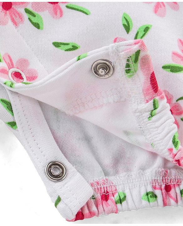 Babyhug 100% Cotton Knit Frill Sleeves Floral Printed Romper with Headband - White