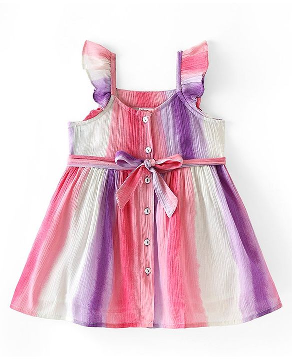 Babyhug Cotton Woven Frill Sleeves Frock with Striped Designs - Multicolour