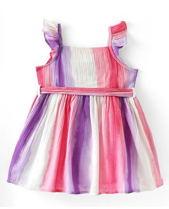 Babyhug Cotton Woven Frill Sleeves Frock with Striped Designs - Multicolour