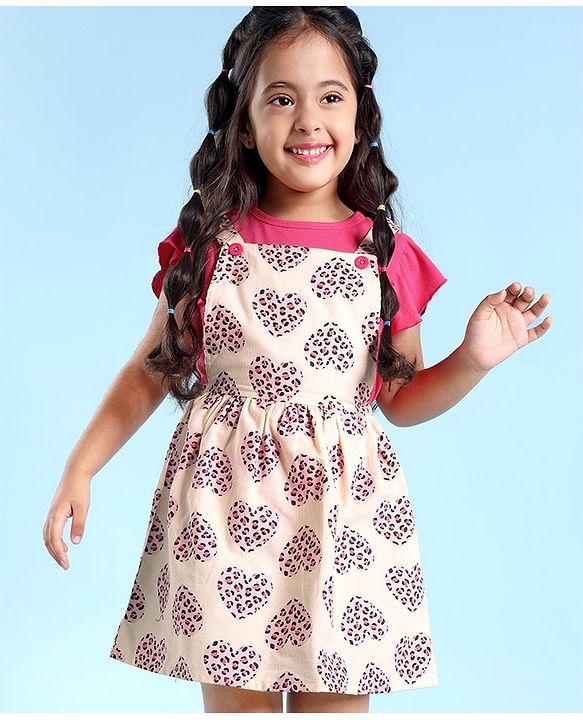 Babyhug Cotton Woven Heart Printed Frock with Frill Sleeves Solid Colour Inner Tee - Red