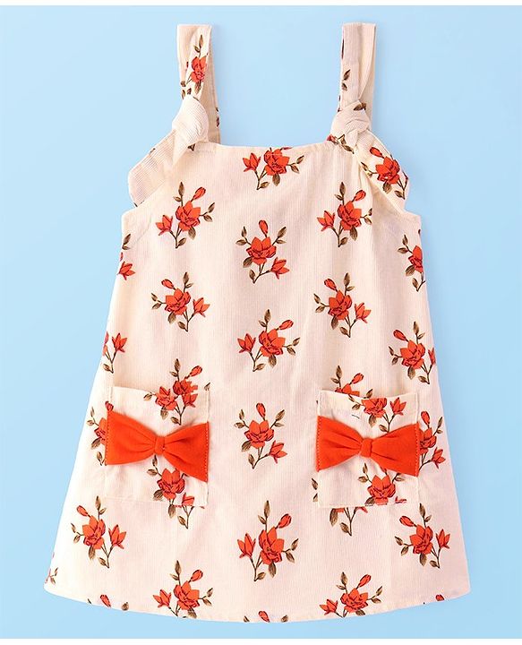 Babyhug Cotton Woven Floral Printed Frock with Half Sleeves Inner T-Shirt Bow Applique & Pockets - Orange & White