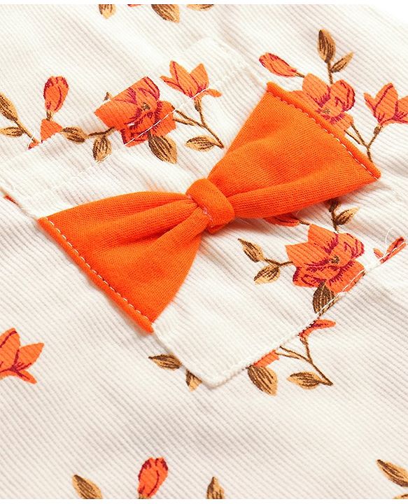 Babyhug Cotton Woven Floral Printed Frock with Half Sleeves Inner T-Shirt Bow Applique & Pockets - Orange & White