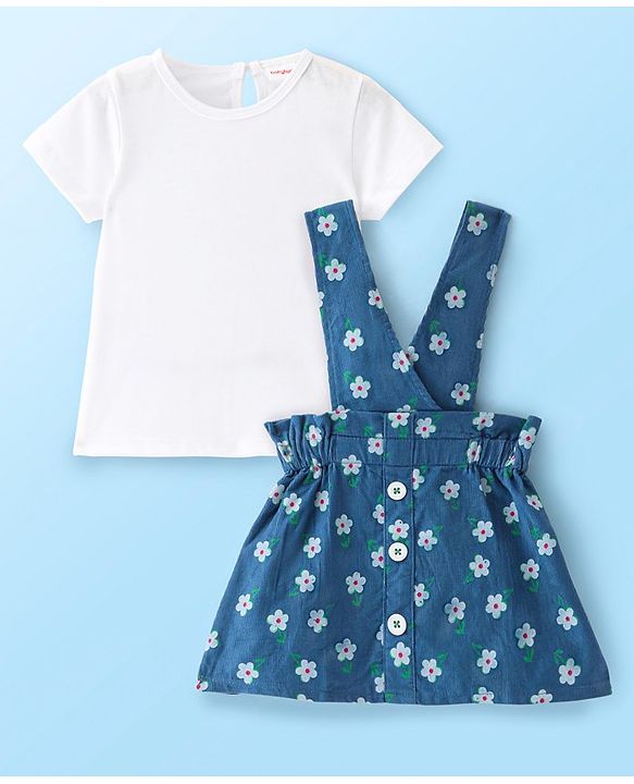 Babyhug Cotton Knit Floral Printed Frock With Half Sleeves Inner T-Shirt - White & Blue
