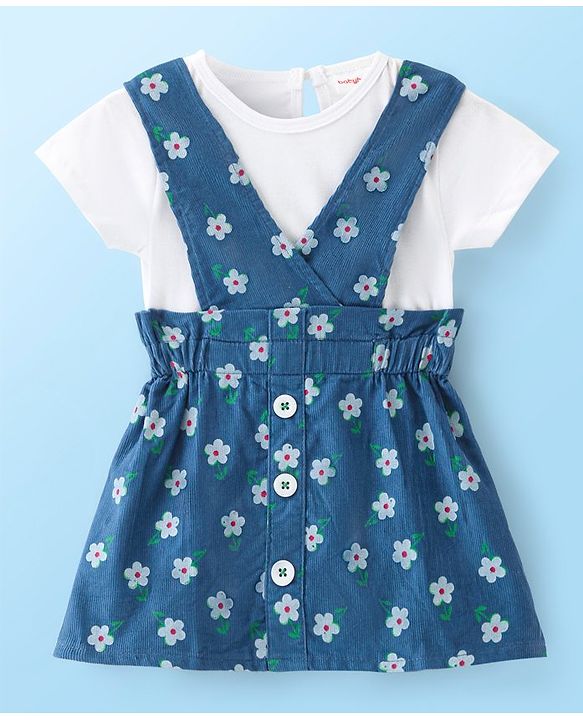Babyhug Cotton Knit Floral Printed Frock With Half Sleeves Inner T-Shirt - White & Blue