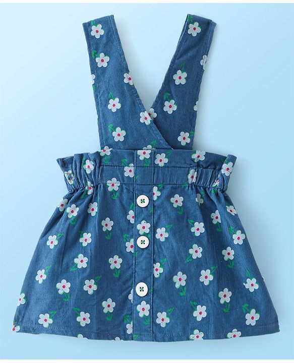 Babyhug Cotton Knit Floral Printed Frock With Half Sleeves Inner T-Shirt - White & Blue