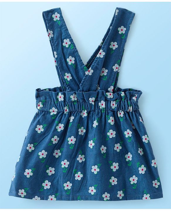 Babyhug Cotton Knit Floral Printed Frock With Half Sleeves Inner T-Shirt - White & Blue