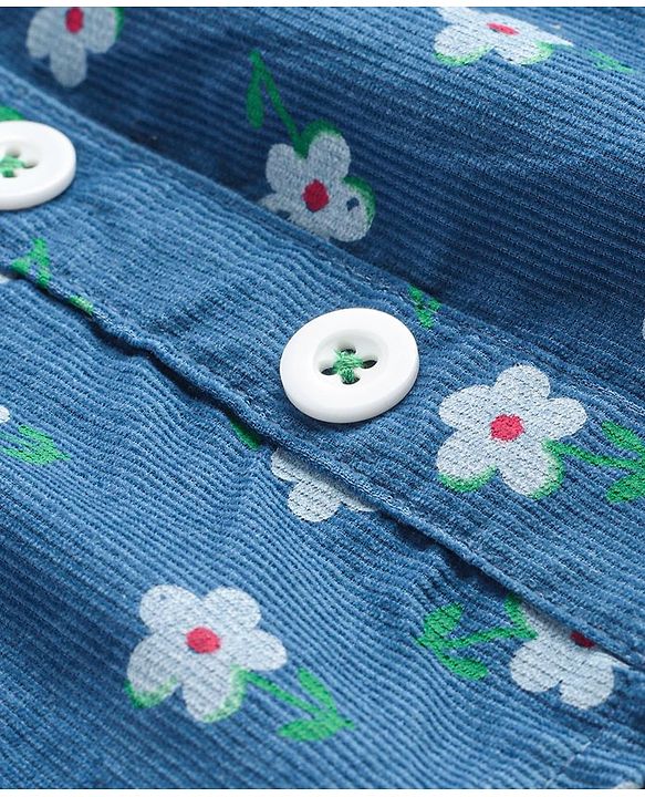 Babyhug Cotton Knit Floral Printed Frock With Half Sleeves Inner T-Shirt - White & Blue
