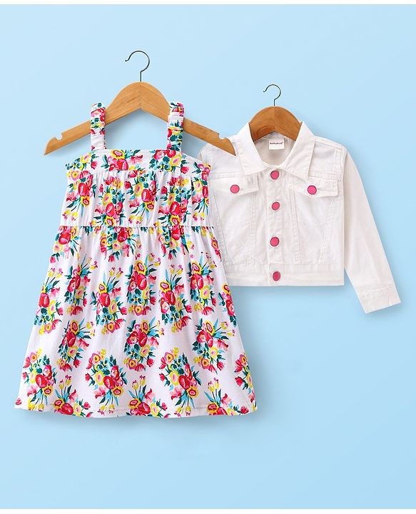 Babyhug Cotton Knit Full Sleeves Jacket With Frock Floral Print - White
