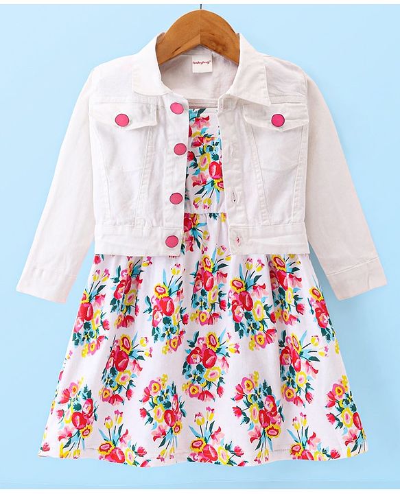 Babyhug Cotton Knit Full Sleeves Jacket With Frock Floral Print - White