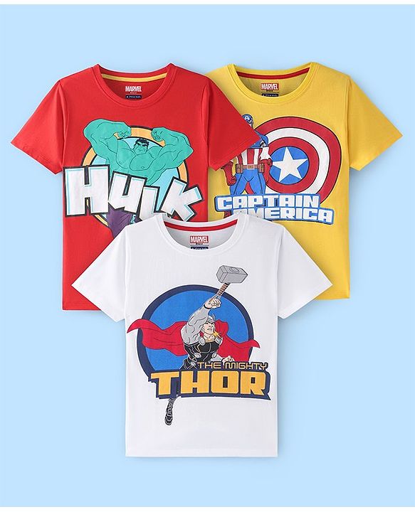 Pine Kids Marvel Half Sleeve T-Shirt with Avengers Graphics Pack Of 3 - Red White & Yellow