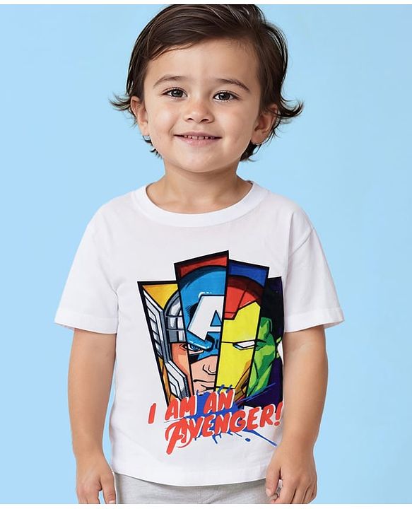 Pinekids Marvel Cotton Knit Half Sleeves T-Shirt With Avengers Print - White