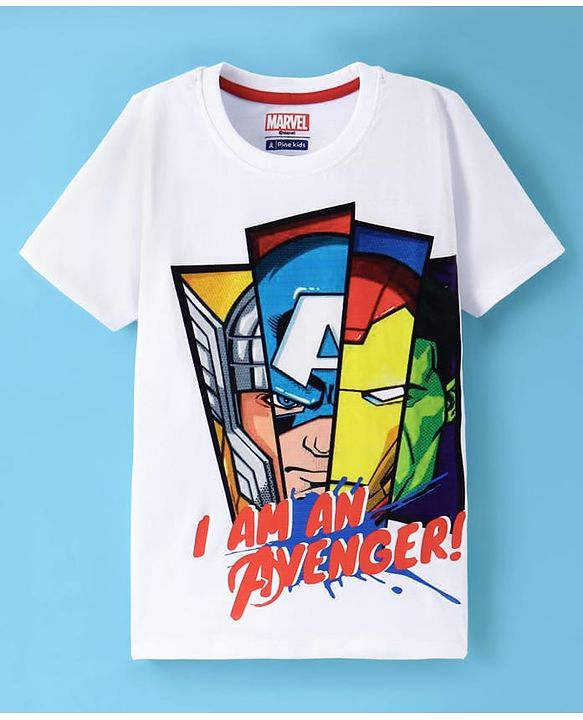Pinekids Marvel Cotton Knit Half Sleeves T-Shirt With Avengers Print - White
