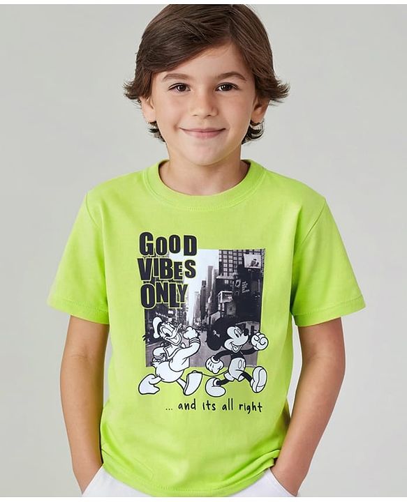 Pine Kids Disney 100% Cotton Knit Half Sleeve T-Shirt with Mickey Mouse Family Graphics - Green