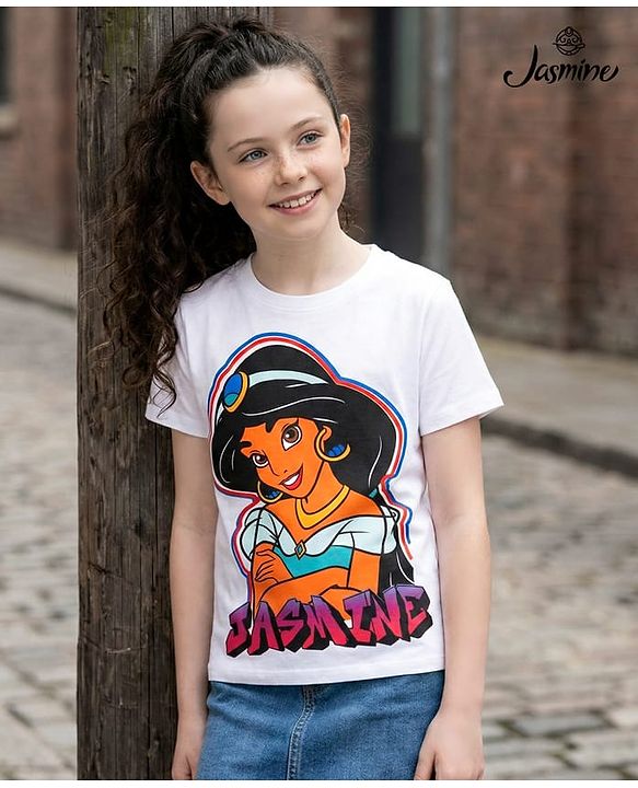 Pine Kids Disney Cotton Knit Half Sleeves T-Shirt With Disney Princess Graphics - Pink & White