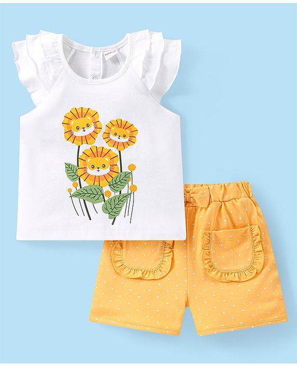 Babyhug Single Jersey Half Frilled Sleeves Flower Printed Top & Polka Dot Printed Shorts Set - White & Yellow
