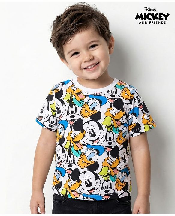 Babyhug Disney Cotton Half Sleeve T-Shirt With Mickey Mouse All Over Print - White