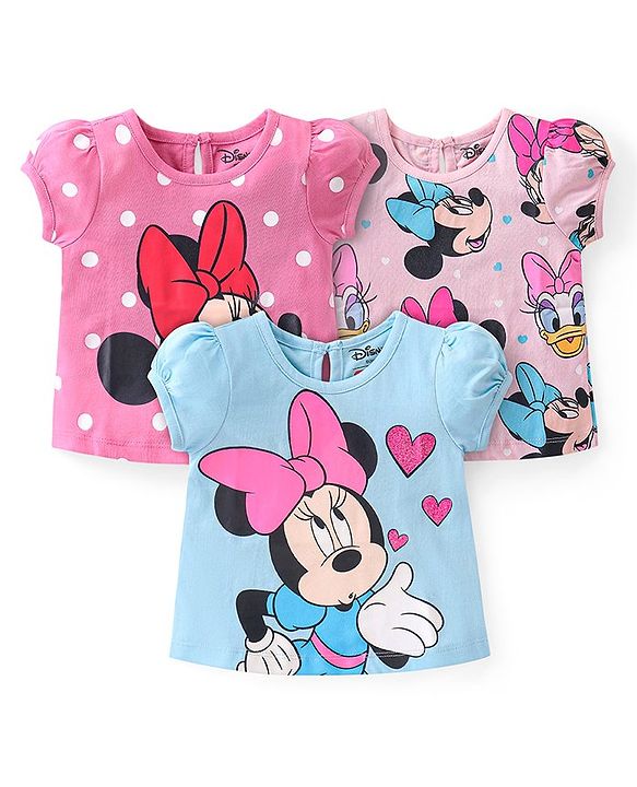 Babyhug Disney Cotton Knit Half Sleeves Top with Minnie Mouse Print Pack of 3 - Multicolor