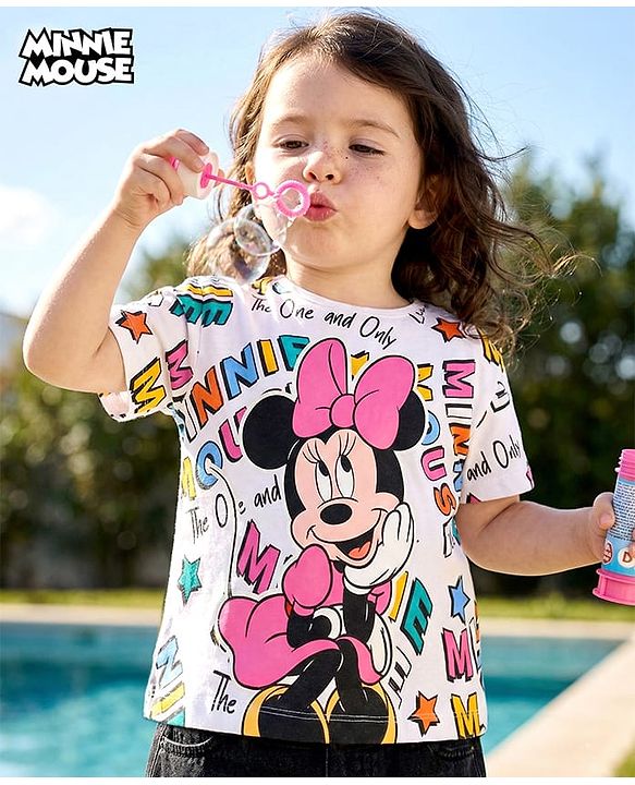 Babyhug Disney Cotton Knit Half Sleeve Over Sized  T-Shirt With Minnie Mouse Print - White