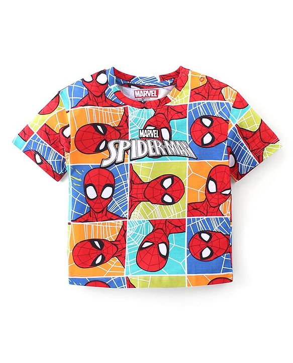 Babyhug Marvel Cotton Knit Half Sleeves Oversized T-Shirt with Spiderman Print - Multicolor