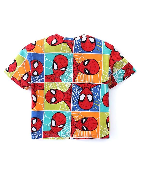 Babyhug Marvel Cotton Knit Half Sleeves Oversized T-Shirt with Spiderman Print - Multicolor