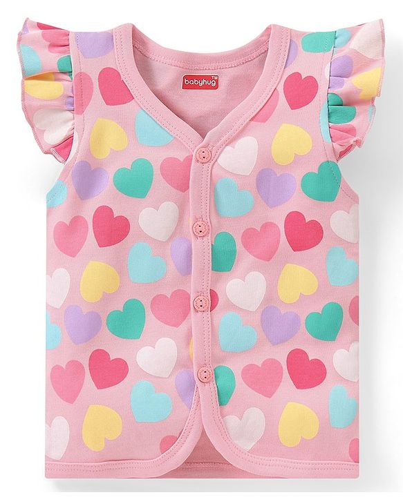 Babyhug 100% Cotton Knit Front Open Frill Sleeves Heart Printed Vest Pack of 3 - Multicolour