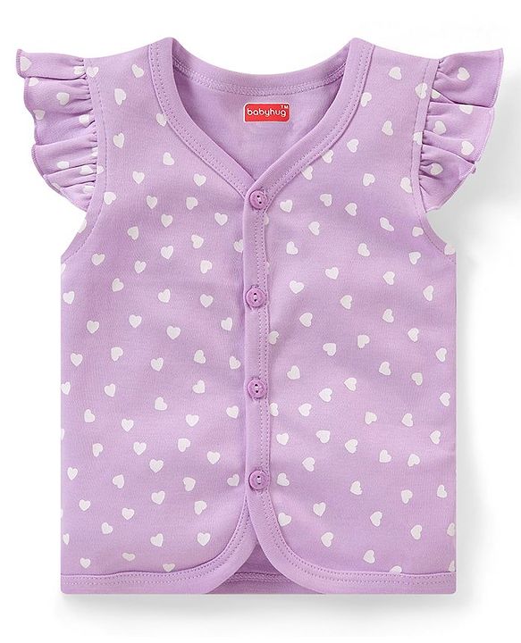 Babyhug 100% Cotton Knit Front Open Frill Sleeves Heart Printed Vest Pack of 3 - Multicolour
