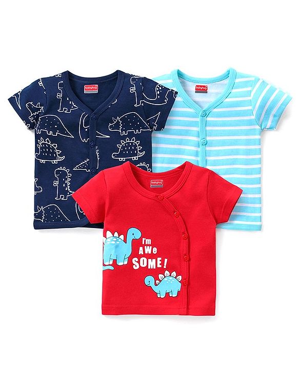 Babyhug 100% Cotton Knit Half Sleeves Striped & Dino Printed Set of Vests Pack of 3 - Multicolour