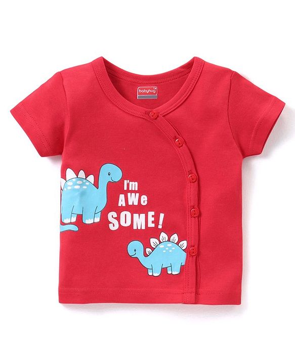 Babyhug 100% Cotton Knit Half Sleeves Striped & Dino Printed Set of Vests Pack of 3 - Multicolour
