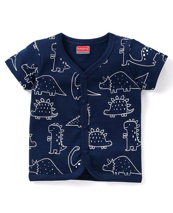 Babyhug 100% Cotton Knit Half Sleeves Striped & Dino Printed Set of Vests Pack of 3 - Multicolour