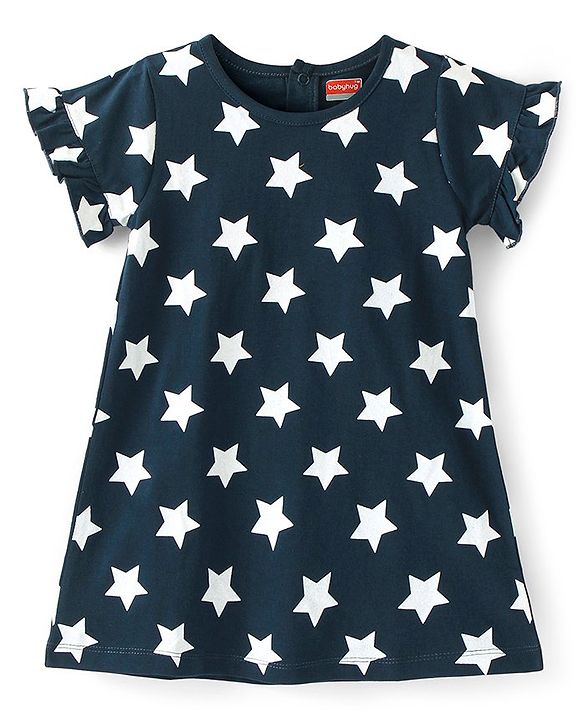 Babyhug Cotton Knit Half Sleeves Nighty With Stars Print - Navy