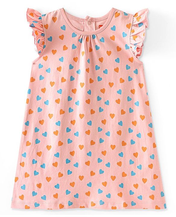 Babyhug Cotton Knit Frill Sleeves Nighty Heart Print - Pink
